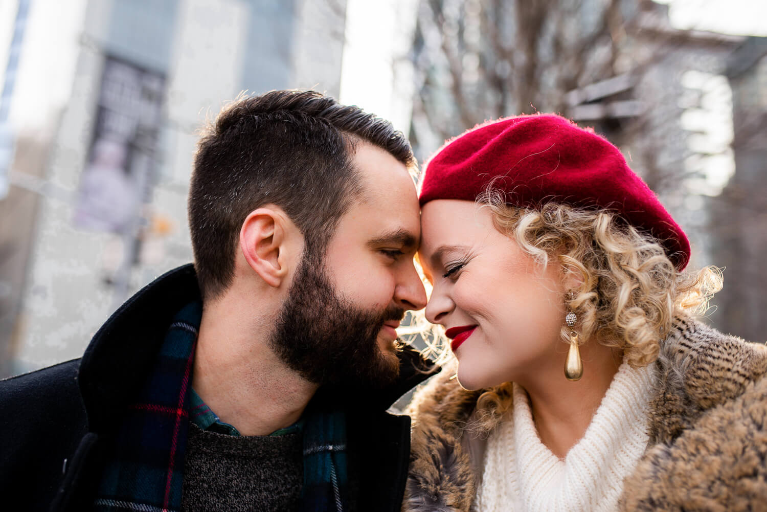 New York City actress Amanda Jane Cooper poses with her fiancé Andrew Bell during their NYC engagement session with dreamy photographer ALN IMAGES