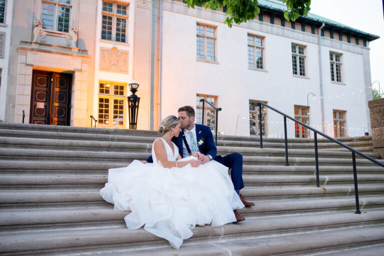 ALN Images photo of bride and groom at sunset at the American Swedish historical museum in Philadelphia. JSM Catering.